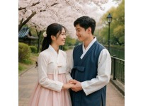 한복을 입은 커플의 로맨틱 데이트 이미지