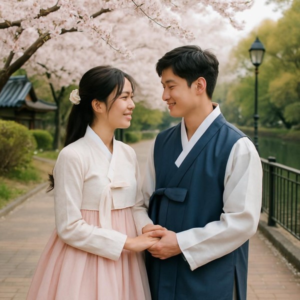 한복을 입은 커플의 로맨틱 데이트 이미지